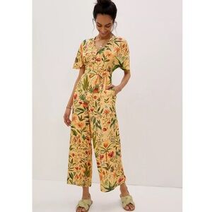 NWT,Anthro’s FARM Rio,Floral V-Neck, Open-Back Jumpsuit, Beaded Tassels,Size M